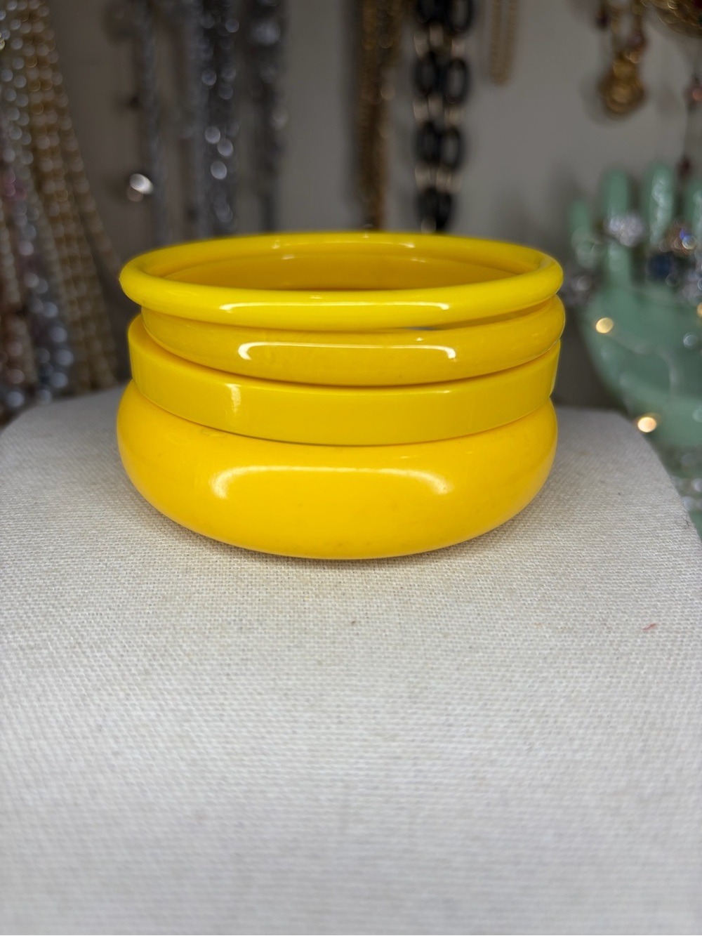 Vintage Retro Bright Yellow Lucite Acrylic Bracelet Bangle Stack Chunky Jewelry